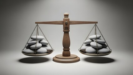 A perfectly balanced wooden scale with two pans, each holding an equal pile of smooth, light-colored stones.