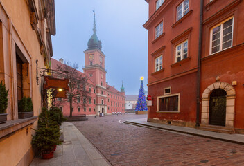 Old Town Street in Warsaw Poland with Christmas Lights