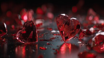 Red crystal hearts and shards on reflective surface with dramatic lighting