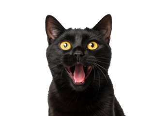 A strikingly expressive black domestic shorthair cat with intensely focused golden eyes and long white whiskers is captured in a portrait-style photograph,, isolated on transparent background.
