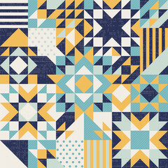 Winter Christmas stars patchwork, irregular geometric background, seamless vector repeating pattern, quilt folk art design layout, repeating geometric shapes including triangles, squares and diamonds