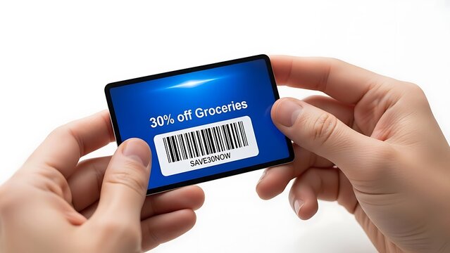 Hands holding smartphone with discount barcode. - Powered by Adobe