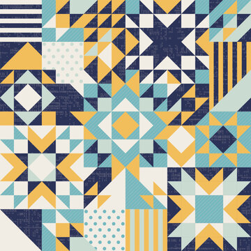 Winter Christmas stars patchwork, irregular geometric background, seamless vector repeating pattern, quilt folk art design layout, repeating geometric shapes including triangles, squares and diamonds