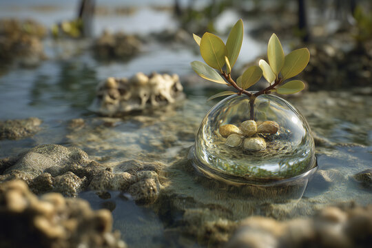 Eco-Safe Glass Marble With Mangrove Propagule On Coral Shelf At Extreme Low Tide, Polarized 50mm, Ranger-Safe Scene, Coastal Restoration, Marine Habitat