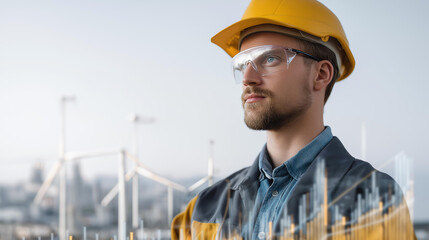 A power plant engineer profile double-exposed with turbine interiors and energy output graphs, illustrating energy generation, efficiency, and infrastructure reliability. cinematic color