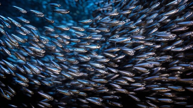 A massive synchronized school of tiny silver fish swims in the deep blue ocean