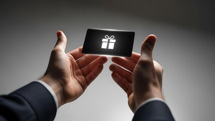 Businessman holding gift card closeup.