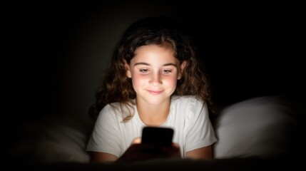 Obraz premium A zoomer in puberty period uses their gadget - smartphone - late at night in dark room. Gen Z addicted to social media