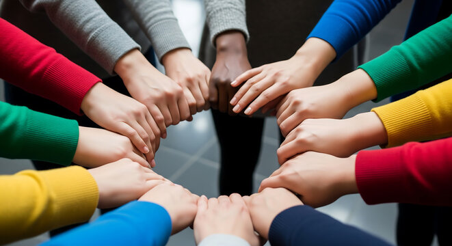Diverse Teamwork and Unity: Hands Joined in a Circle of Collaboration, Cooperation, and Support