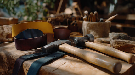 Flat lay of leatherworking tools arranged around unfinished leather goods, including belts, straps, and bags, showcasing artisanal production and maker culture. cinematic color correction, natural