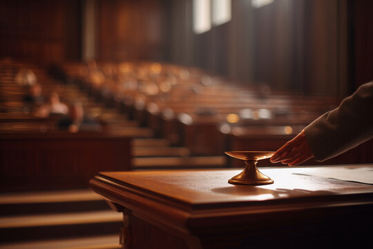 Moot Court Preparation With Balance-Of-Justice Prop On Lectern, Rows Of Seats, Evening Mixed Light, 50mm Eye Level, Legal Education, Academic Setting