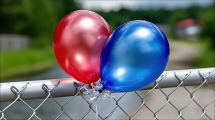 Presidents Day USA. Red and blue balloons tied together on a fence overlooking a serene landscape, symbolizing celebration and unity for a festive occasion