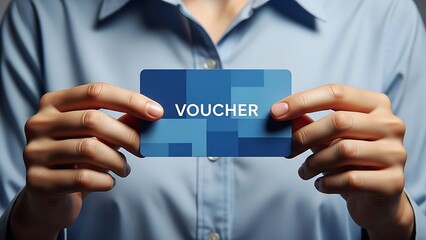 Person holding blue discount voucher card.
