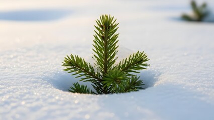 A vibrant green evergreen seedling bravely emerges from a pristine blanket of white snow in winter.