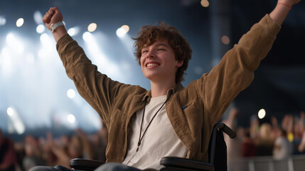 A young wheelchair user attending a live concert with friends, lights and crowd energy visible, emphasizing inclusion in entertainment and social life. cinematic color correction, natural uneven