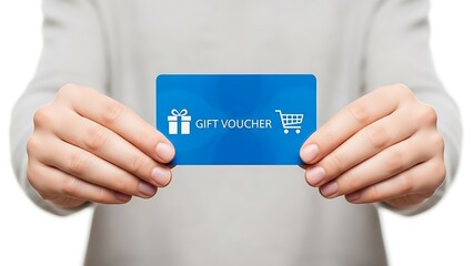 Person holding blue gift voucher card.