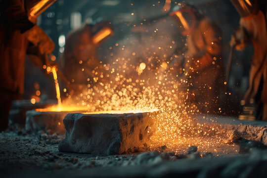 Foundry Pouring Molten Bronze Into Lady Justice Mold, Sparks And Heat Haze, 35mm Documentary, Metal Casting Process, Craftsmanship, Legal Symbol Production