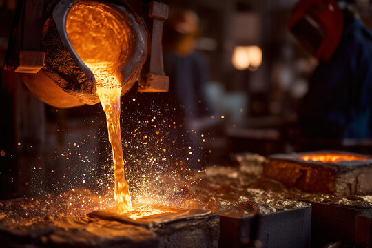 Foundry Pouring Molten Bronze Into Lady Justice Mold, Sparks And Heat Haze, 35mm Documentary, Metal Casting Process, Craftsmanship, Legal Symbol Production