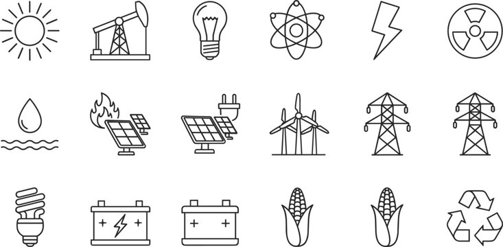 Energy and power generation icon set featuring solar panels wind turbines oil pump electricity pylons batteries and renewable resources,