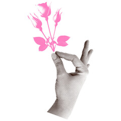 Halftone hand hand holding pink roses, digital illustration. Black dots style in pop art aesthetic for romantic concept