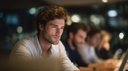 A busy urban office environment where a team collaborates on a project, focused expressions on their faces as they engage in animated discussions around laptops and digital devices. cinematic color