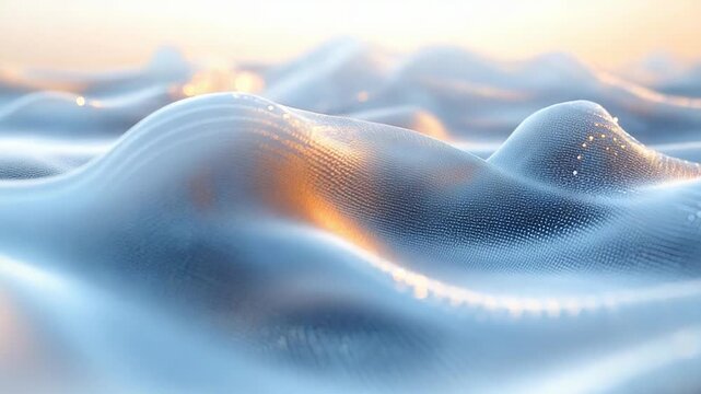 Abstract flowing digital waves ripple across a futuristic surface with glowing particles and blue gold light, visualizing data transfer, ai networks, and interconnected systems