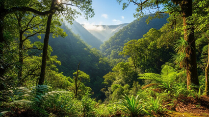 Dense tropical rainforest valley in Australian landscape with sunlight filtering through trees. Australian rainforest features lush greenery, vibrant ferns,