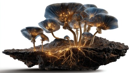 Enchanting bioluminescent fungi cluster: A cluster of magical, glowing fungi in a mysterious setting, showcasing the delicate beauty of the natural world.