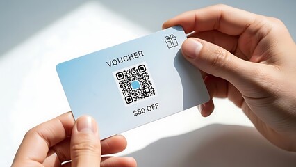 Hands holding discount voucher with QR code.