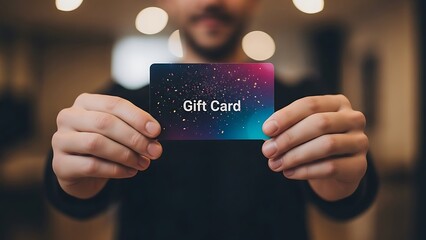 Man holding a gift card closeup.
