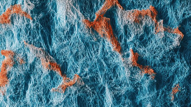 Vibrant Abstract Network: Glowing Blue Filaments and Textured Orange Structures Intertwined, Evoking Neural Pathways