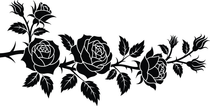 Black silhouette of a rose branch with buds and leaves on a white background roses flower floral