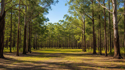 Australian forest clearing with vibrant green trees and open space under blue sky. Australian forest landscape features tall eucalyptus trees surrounding natural clearing.