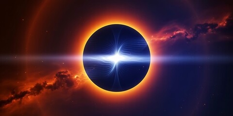A vibrant cosmic stellar eclipse with an energetic beam of light in a colorful nebula