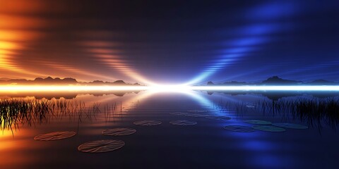 Ethereal twilight panorama with vibrant orange and blue light beams converging over still water