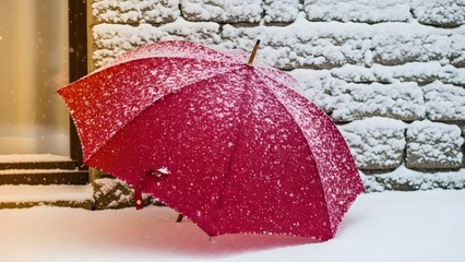 A vibrant red umbrella covered in falling snow rests on a snow-covered ground next to a brick wall in a winter scene.