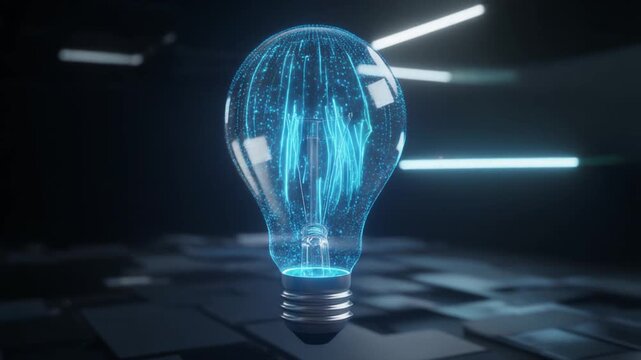 A glowing transparent light bulb floating in a dark futuristic room, inside the bulb streams