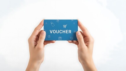 Hands Holding Blue Voucher Card.