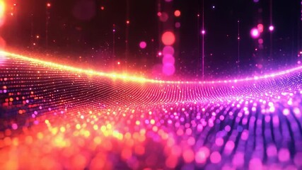 Abstract digital wave of glowing particles forming a dynamic neon surface in magenta, purple and orange hues against a dark background, evoking technology, data flow and energy - Powered by Adobe