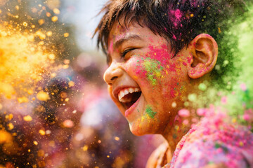 Joyful child covered in colorful powder celebrating holi festival with vibrant smiles and energy