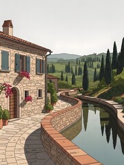 Stone building with green shutters and flower boxes stands beside a winding canal, featuring a paved path and a stone wall, while cypress trees dot the rolling green hills in the distance under a.
