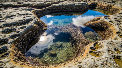 Australian coastal rock pools with clear water reflecting sky and surrounding rocks. Coastal rock pools showcase marine life beneath surface,