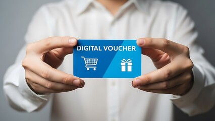 Man holding digital voucher card closeup.
