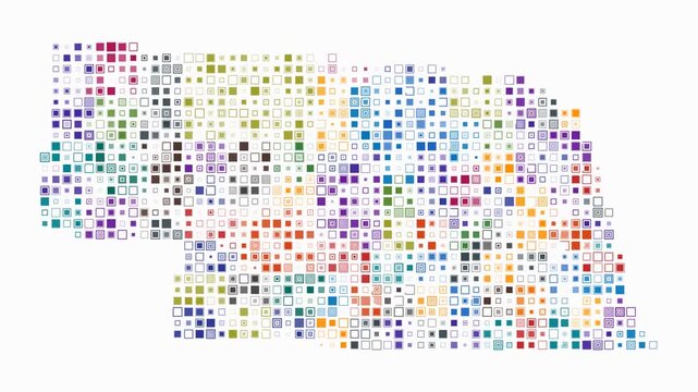 Nebraska animated shape. Pulsating colored dots on the map of the state. Small size square blocks. Digital style Nebraska map on white background. Abstract animation video.