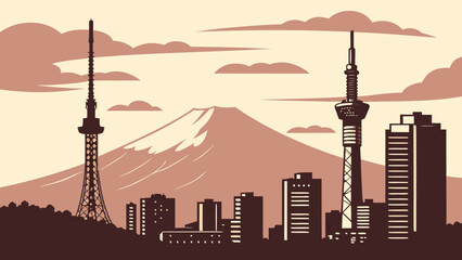Tokyo skyline with towers and mount fuji in the background, suitable for travel brochures, websites, and social media posts.