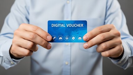 Man holding digital voucher on card.