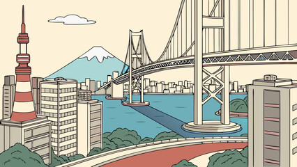 Fototapeta premium Tokyo skyline with tokyo tower, rainbow bridge, mount fuji. Suitable for travel brochures, posters, website backgrounds, and social media posts.