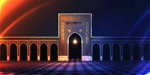 An ancient islamic architectural facade illuminated by a vibrant, mystical play of light