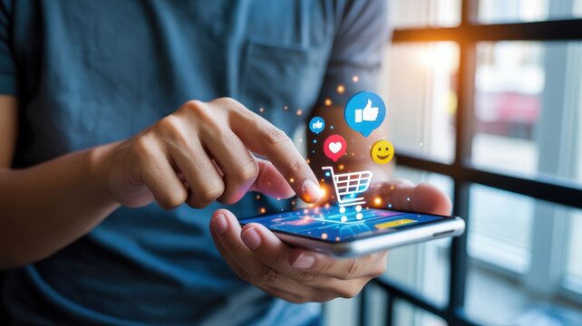 Digital commerce experience: person uses smartphone for online shopping and social interaction