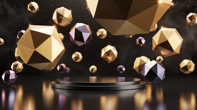 Abstract geometric shapes floating over dark reflective surface